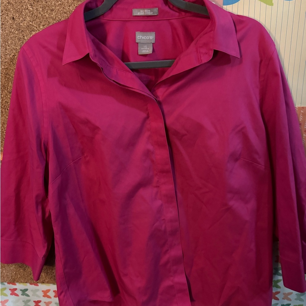 ⭐️Chico's Magenta Fuchsia No Iron Stain Shield Button-Down Blouse⭐️3/$25